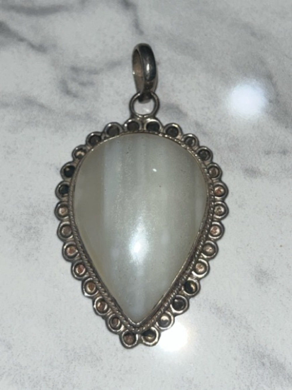 Sterling Silver Teardrop White Agate Pendant -